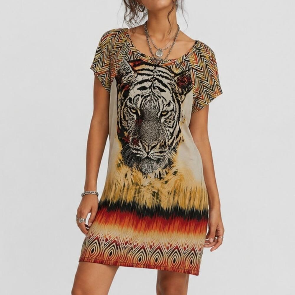 Bisou Bisou Tiger Print Shift Dress size 8 Slinky Knit Big Cat Indie Sleeze